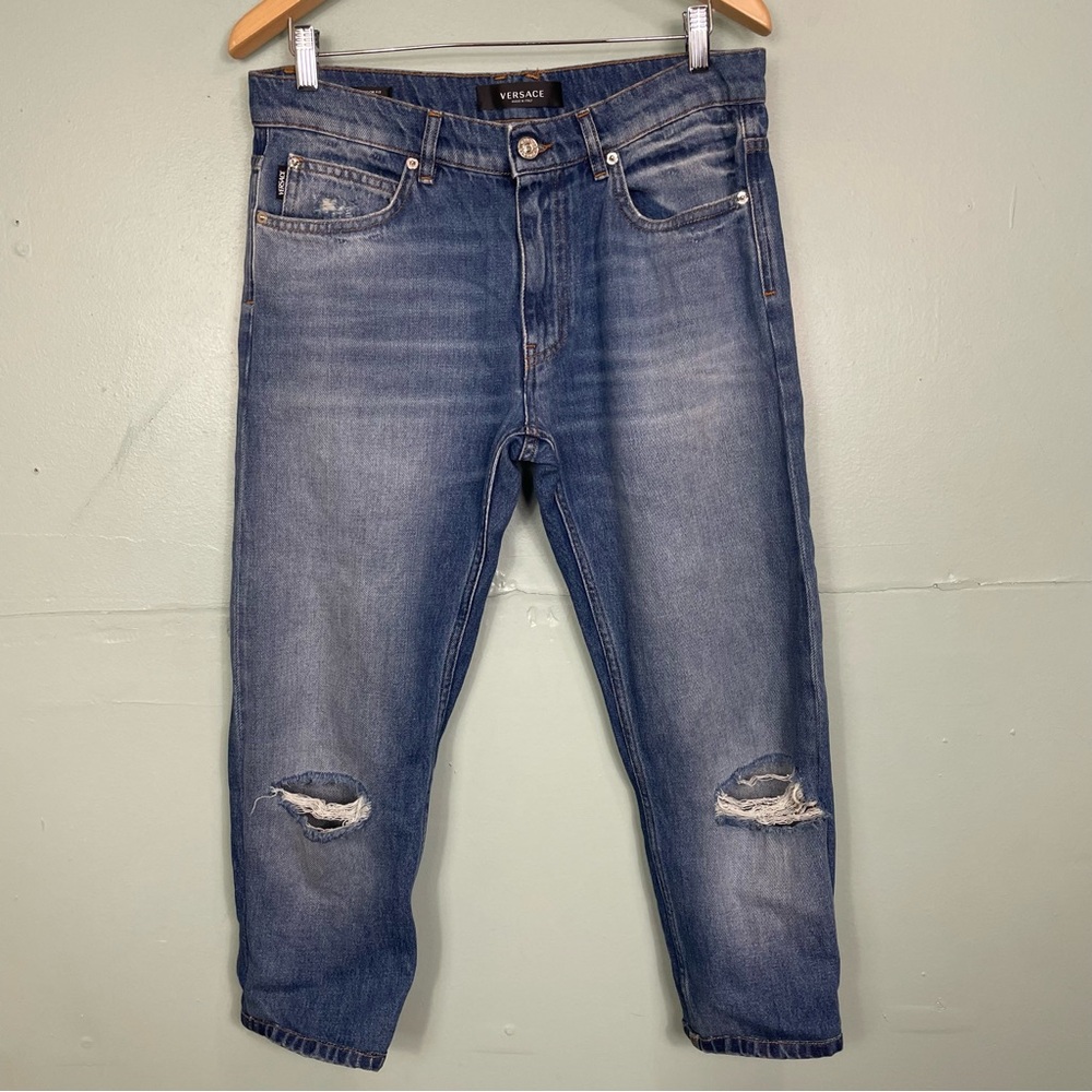 Versace Logo Patch Distressed Denim Jean‎ Blue Taylor Fit Size 34
